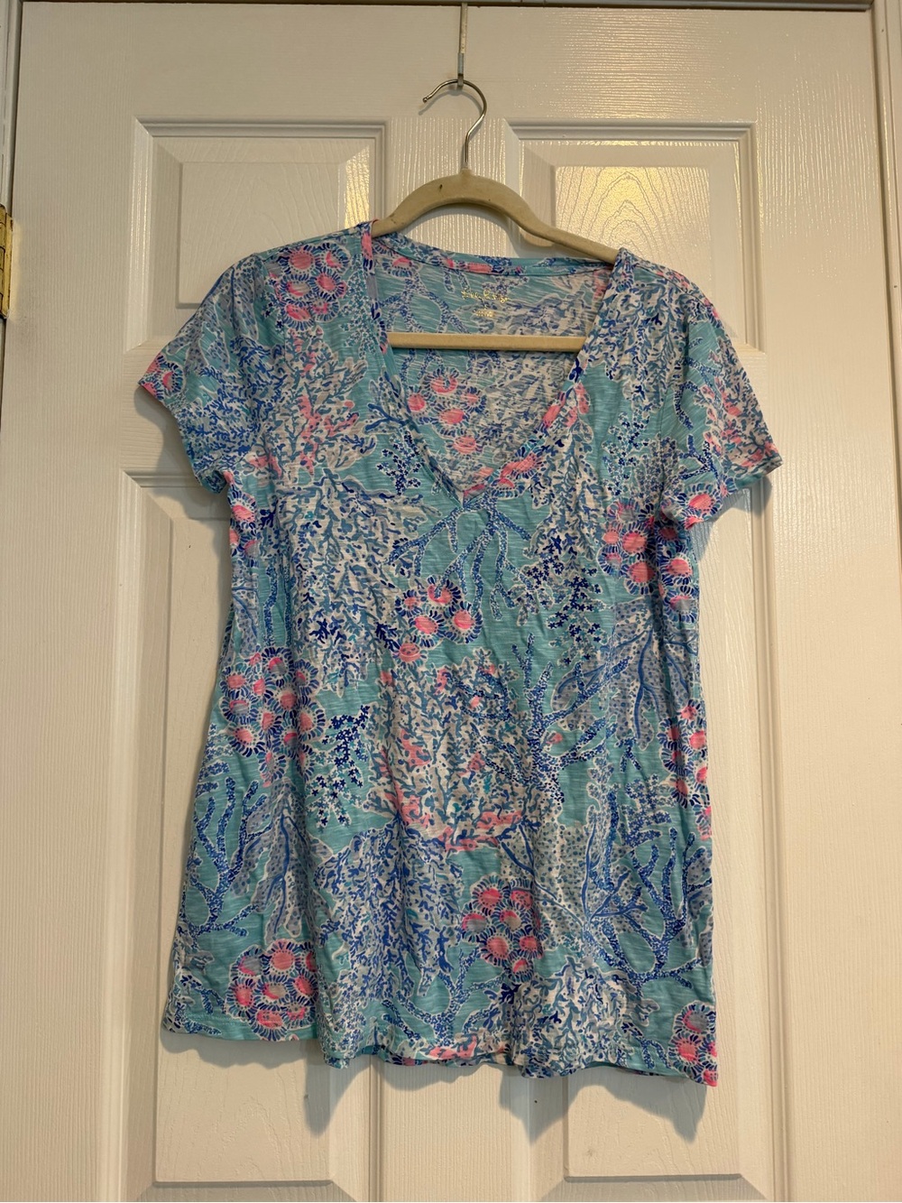 Lilly Pulitzer Seafoam & Pink Floral V-Neck Short Sleeve Top